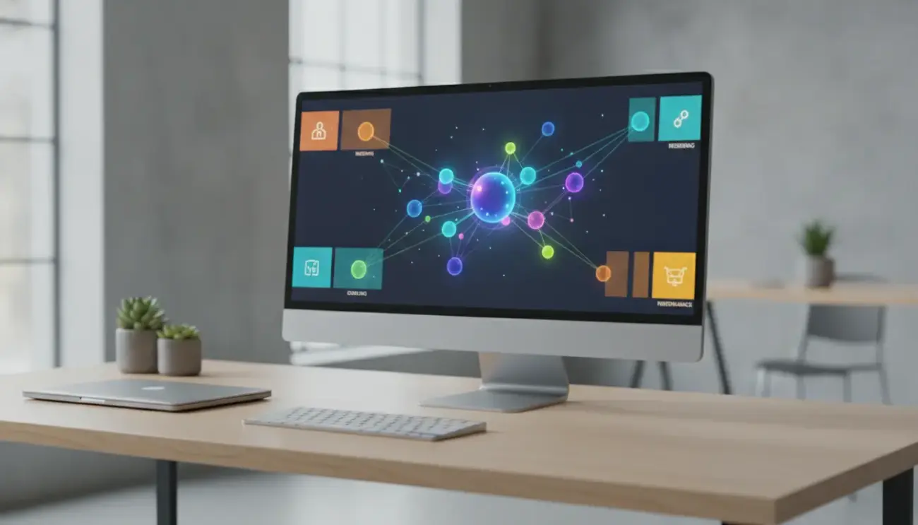 Schreibtisch mit iMac im Büro, Bildschirm zeigt Netzwerkgrafik