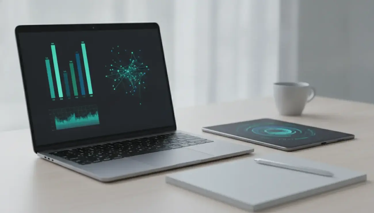 Laptop und Tablet mit Diagrammen auf Schreibtisch.