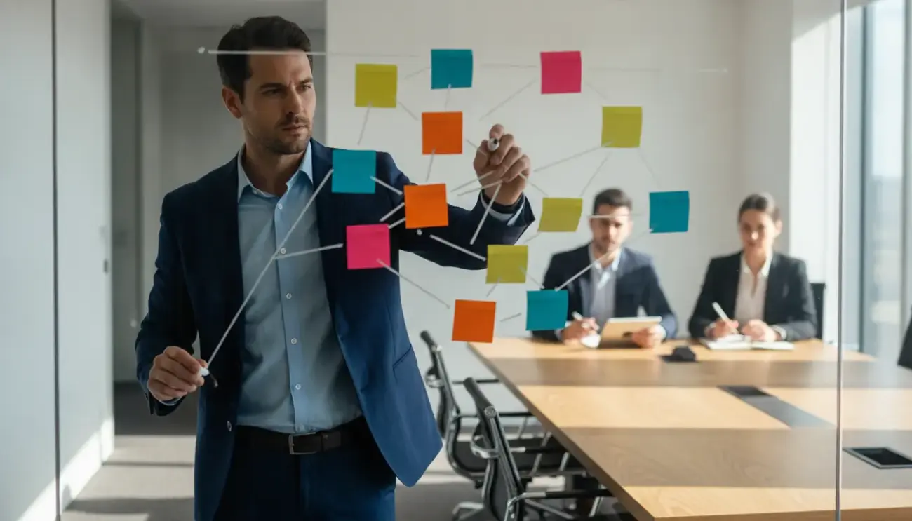 Geschäftsmann im Anzug präsentiert Netzwerk-Post-it-Plan vor Glaswand