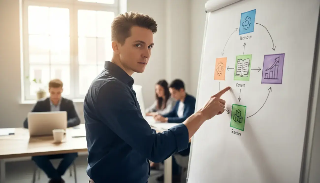 Junger Mann erklärt Diagramm am Whiteboard während Besprechung.
