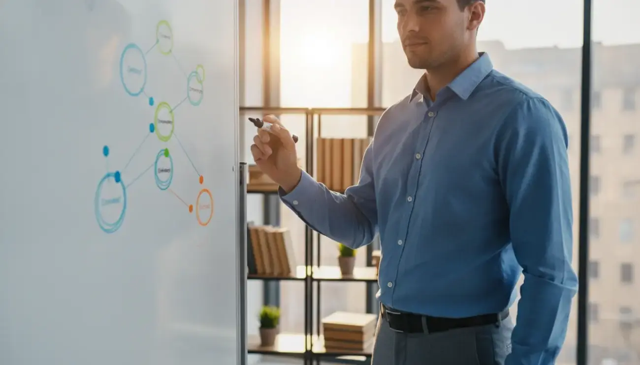 Mann erklärt Diagramm mit vernetzten Knoten am Whiteboard